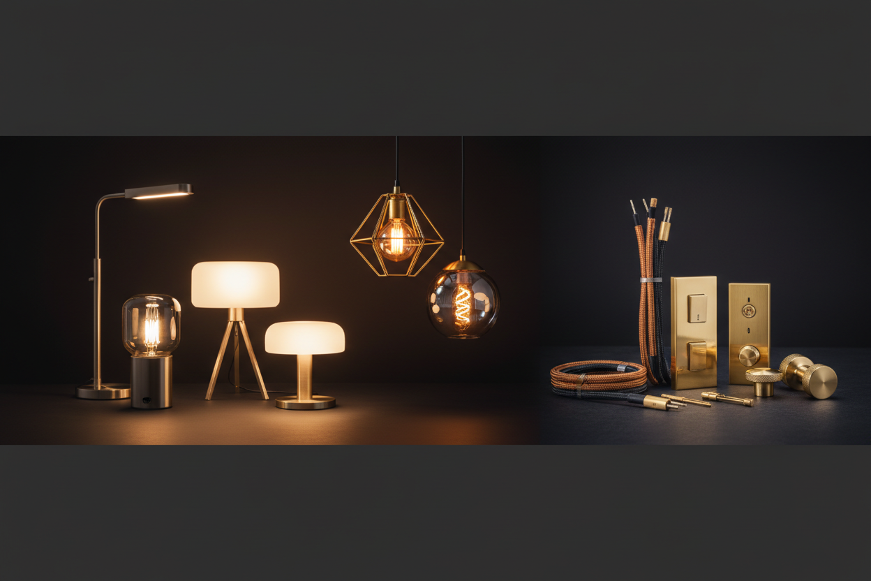 "Hero image for lighting e-commerce store. Display modern LED lamps, decorative pendant lights, and electrical supplies on a clean dark background with dramatic lighting. Warm ambient glow. Professional product photography style, 16:9 aspect ratio, website banner format."
